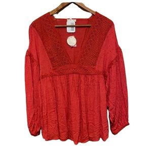 ODDY BOHO ballon sleeve babydoll style blouse top New size medium crochet